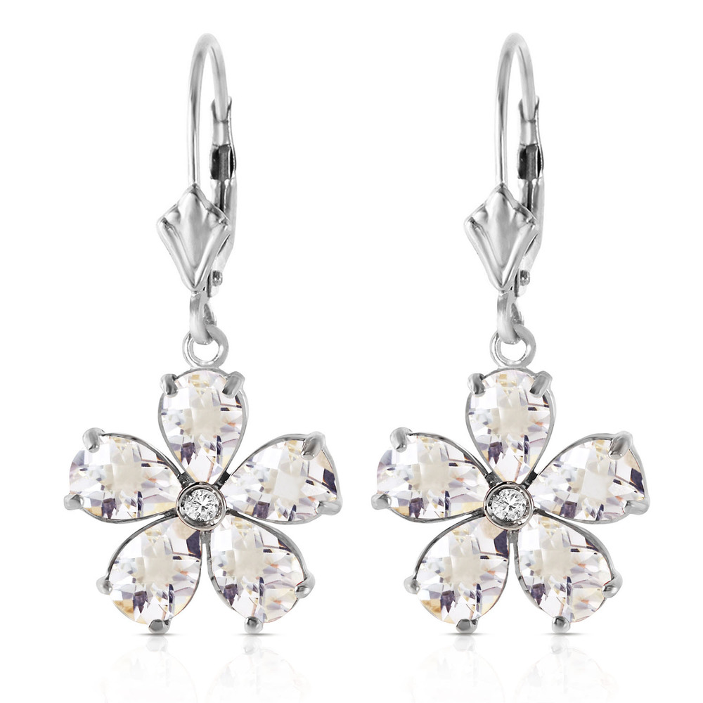 14K.GOLD LEVER BACK EARRING WITH WHITE TOPAZ & DIAMOND (White Gold)